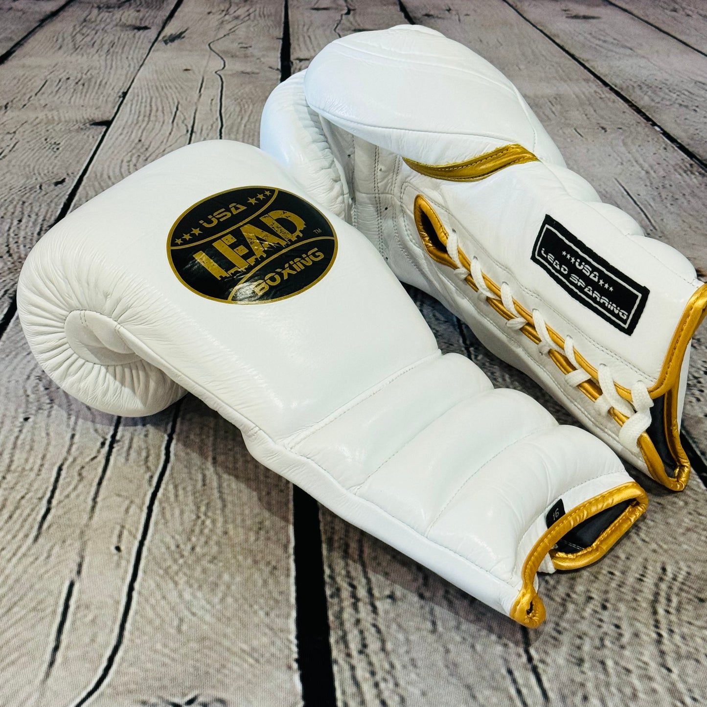 LEAD Sparring Gloves Laced (WHITE-Gold Logo )
