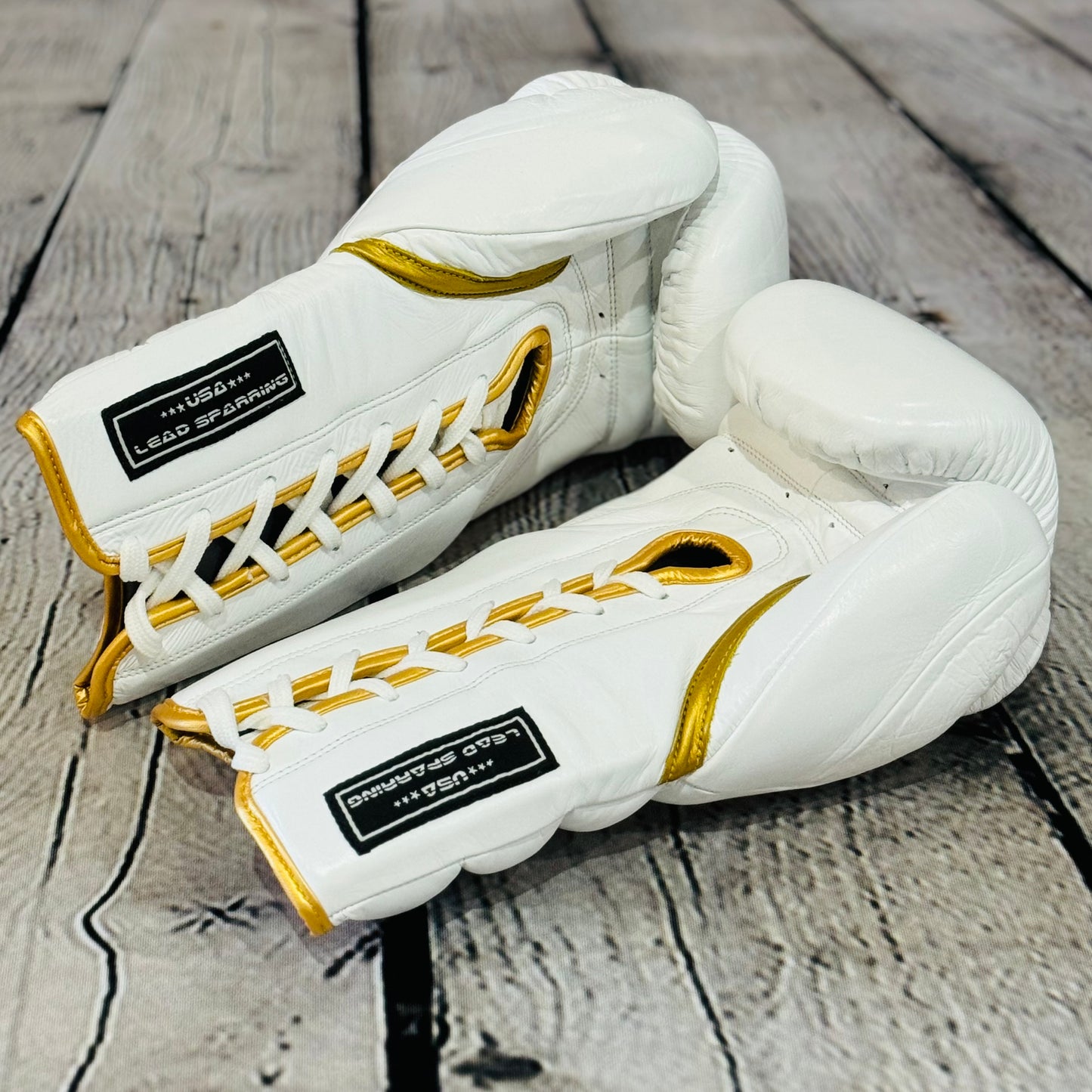 LEAD Sparring Gloves Laced (WHITE-Gold Logo )