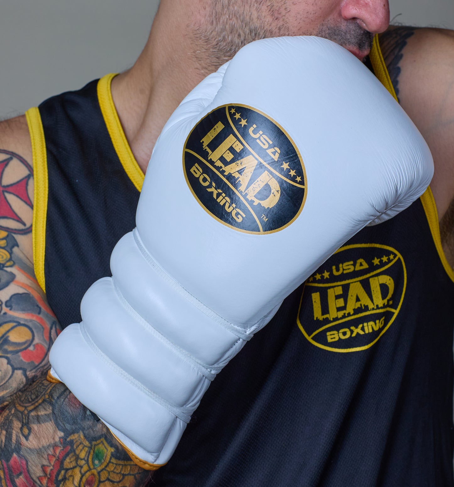 LEAD Sparring Gloves Laced  (WHITE-Gold Logo )