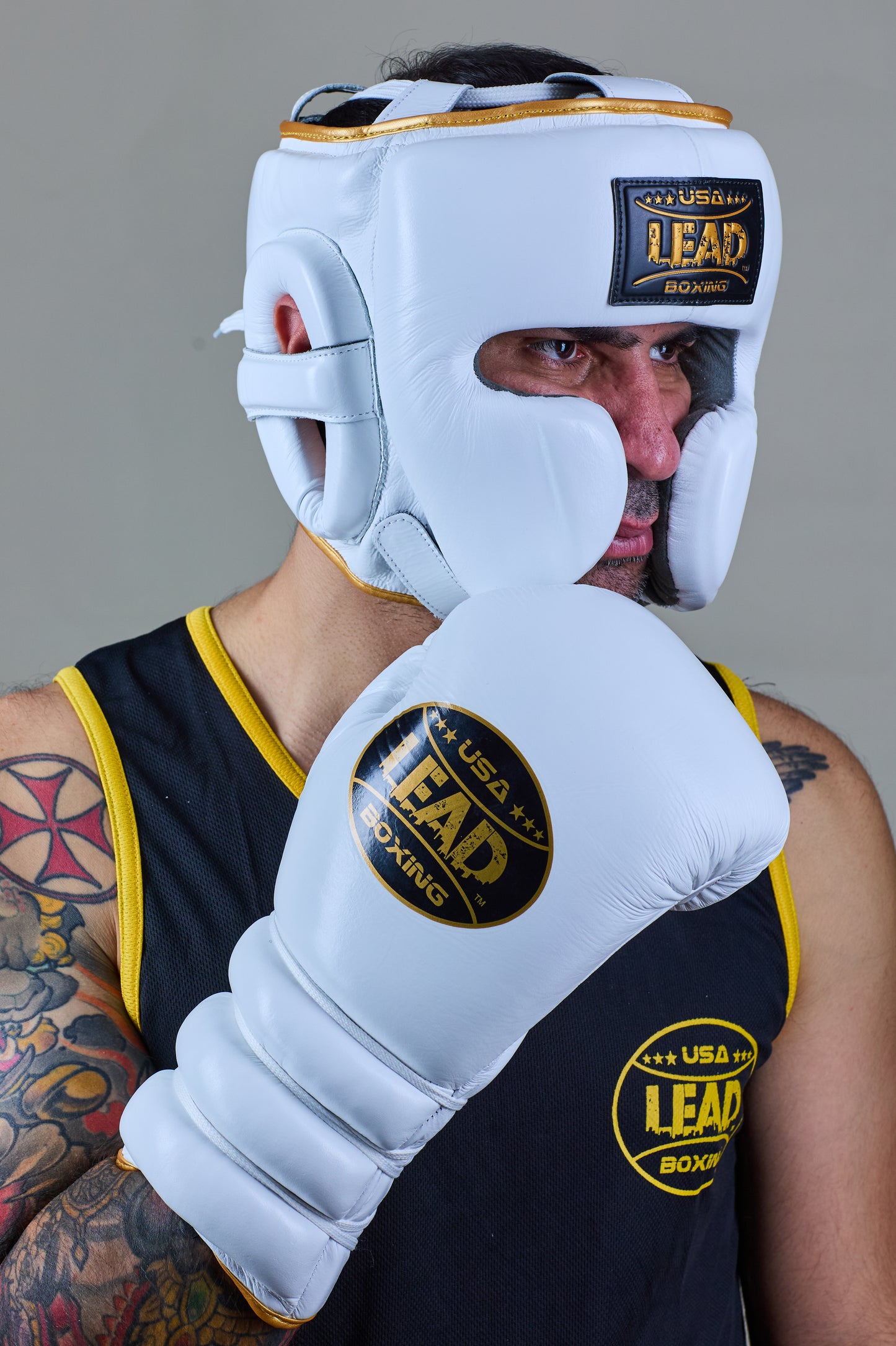 LEAD Sparring Gloves Laced  (WHITE-Gold Logo )