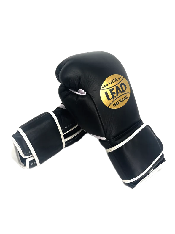 SuperLEAD Mex Boxing Gloves (Velcro), Black -White-Gold Logo
