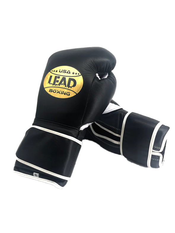 SuperLEAD Mex Boxing Gloves (Velcro), Black -White-Gold Logo