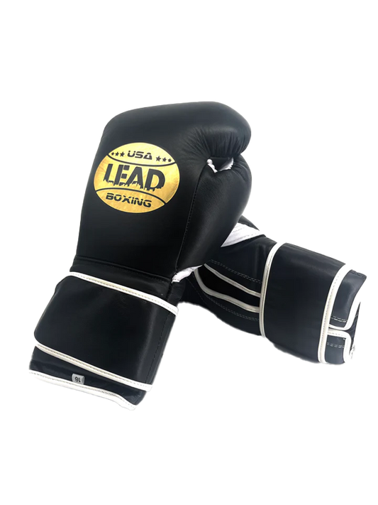 SuperLEAD Mex Boxing Gloves (Velcro), Black -White-Gold Logo