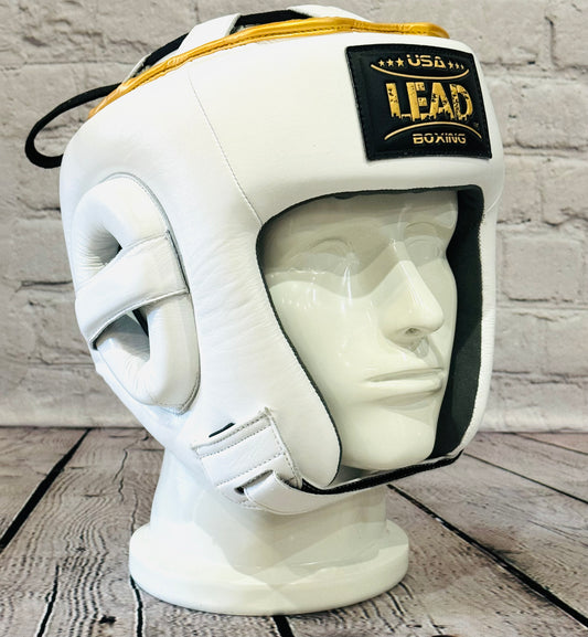 LEAD Open Face Headgear (White - Gold Logo)