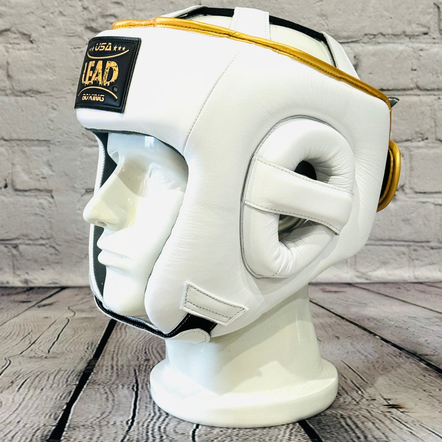 LEAD Open Face Headgear (White - Gold Logo)