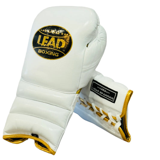 LEAD Sparring Gloves Laced  (WHITE-Gold Logo )