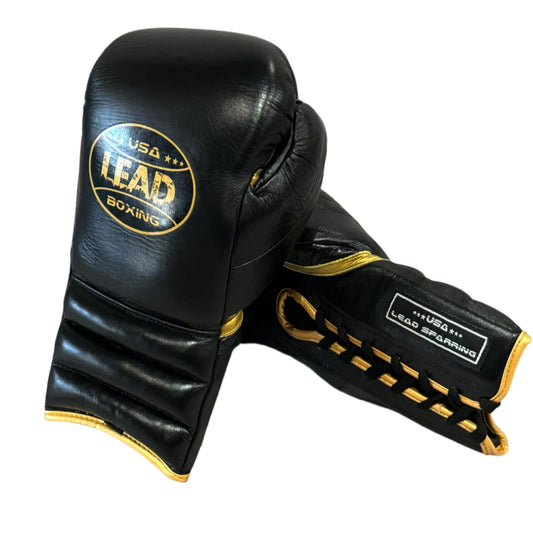 LEAD Sparring Gloves Laced  (Black - Gold  Logo )