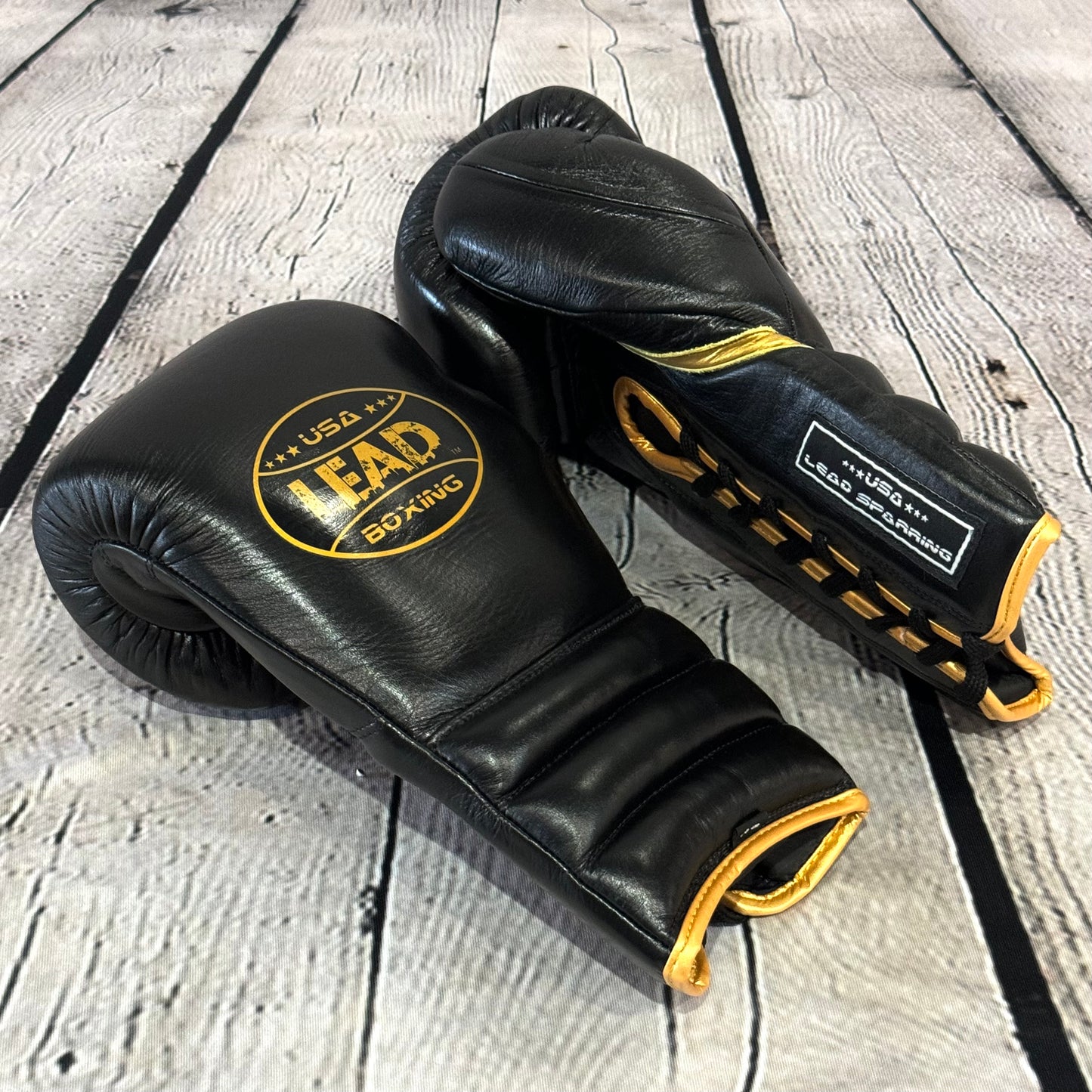LEAD Sparring Gloves Laced  (Black - Gold  Logo )