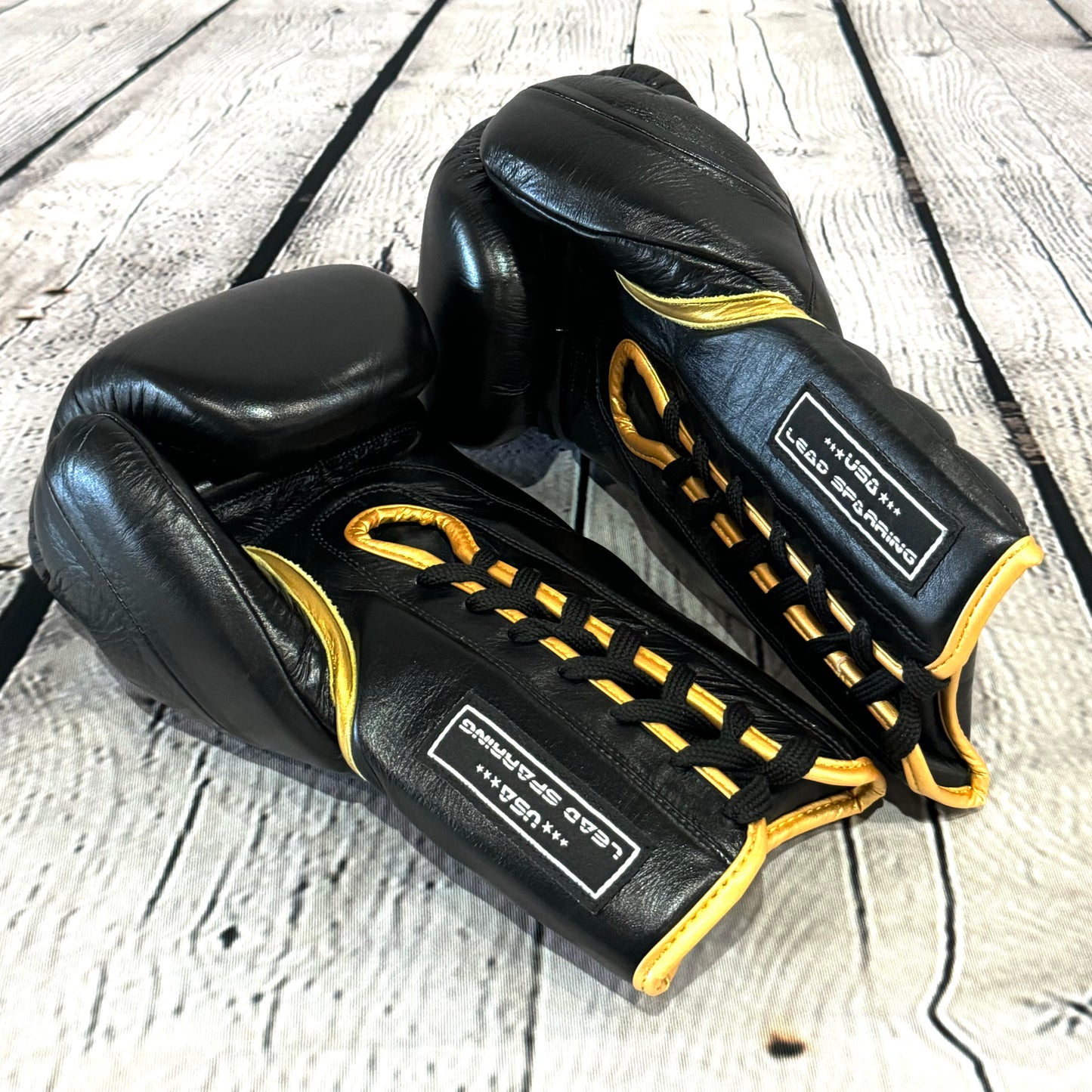 LEAD Sparring Gloves Laced  (Black - Gold  Logo )